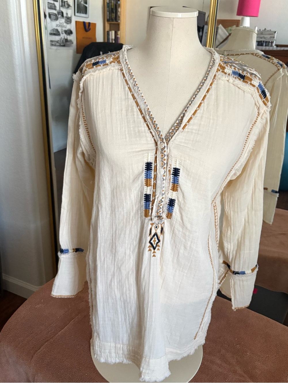 Vintage Johnny Was Cream Embroidered V-Neck Tunic with Navy & Tan Accents